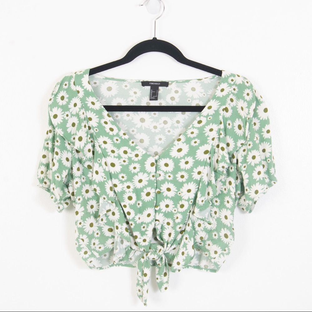 Forever 21 Green Daisy V-Neck Tie Blouse - Picture 1 of 12